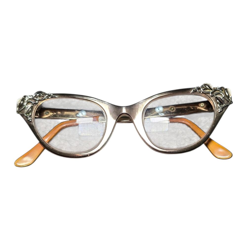 Designer Tura Vintage 50s 60s Cateye Metal Eyeglasses Silver Color Vine Motif